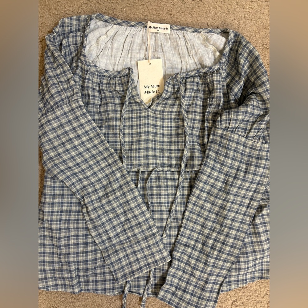 NWT My Mum Made It Faded Blue Check Gauze Long Sleeve Blouse